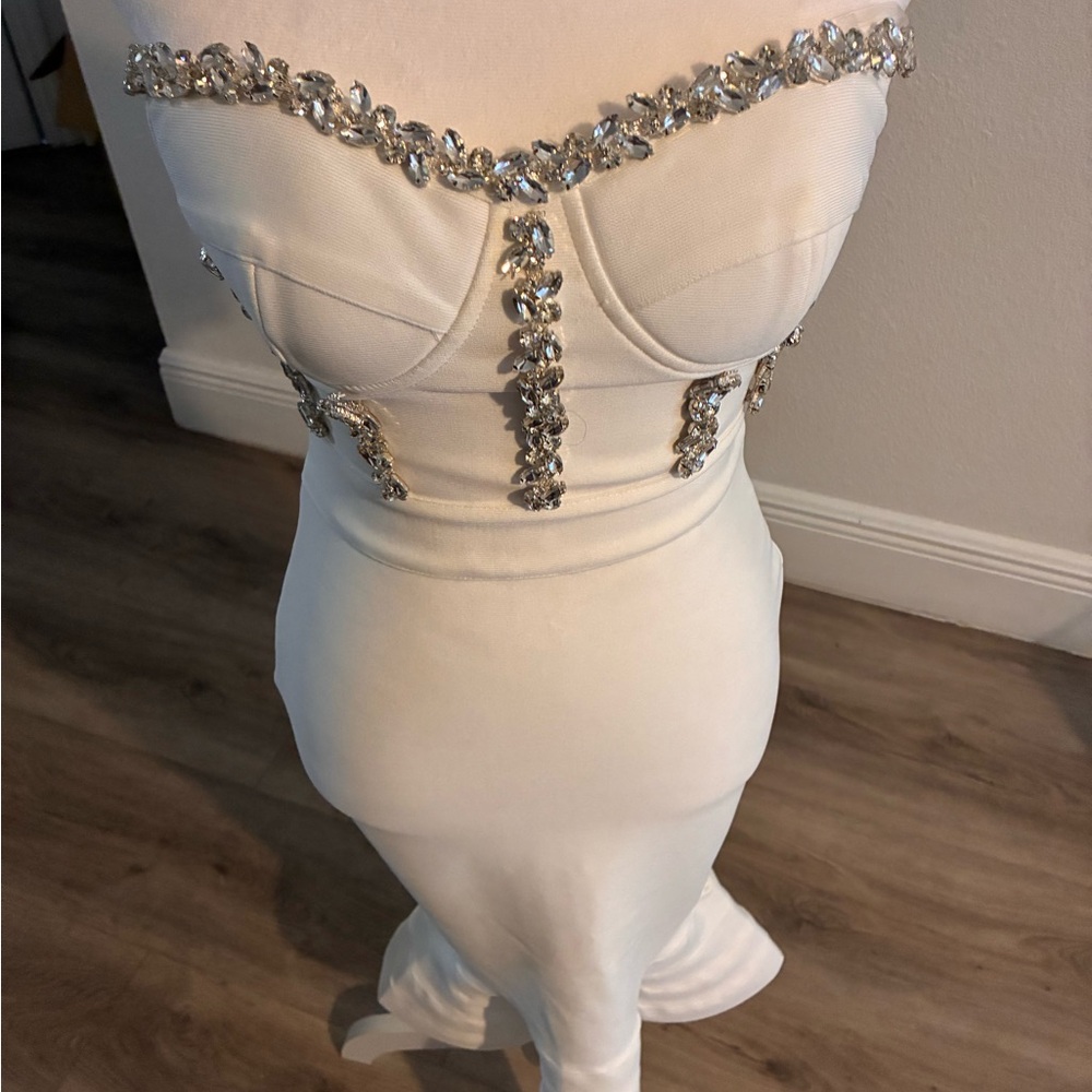 Amanda Uprichard Strapless White Dress with Silver Embellishments